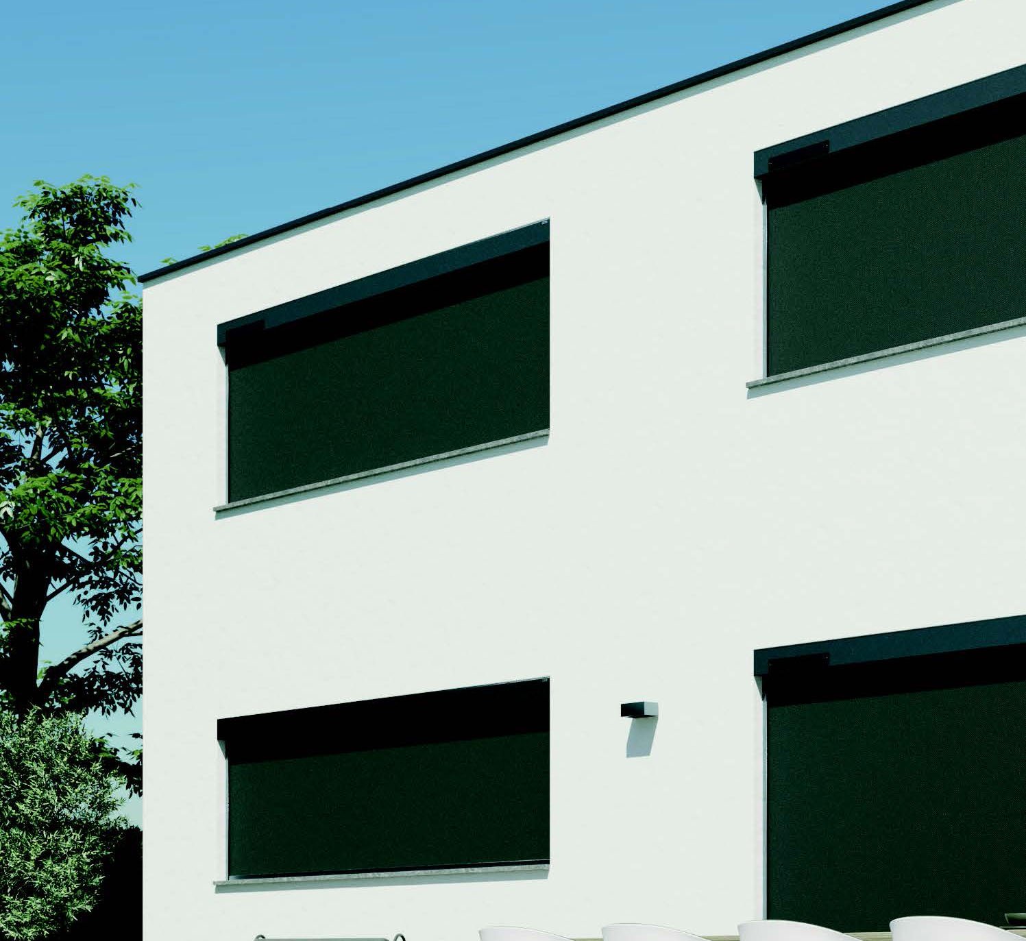 dark grey outdoor roller blinds installed on two stroy home in the UK